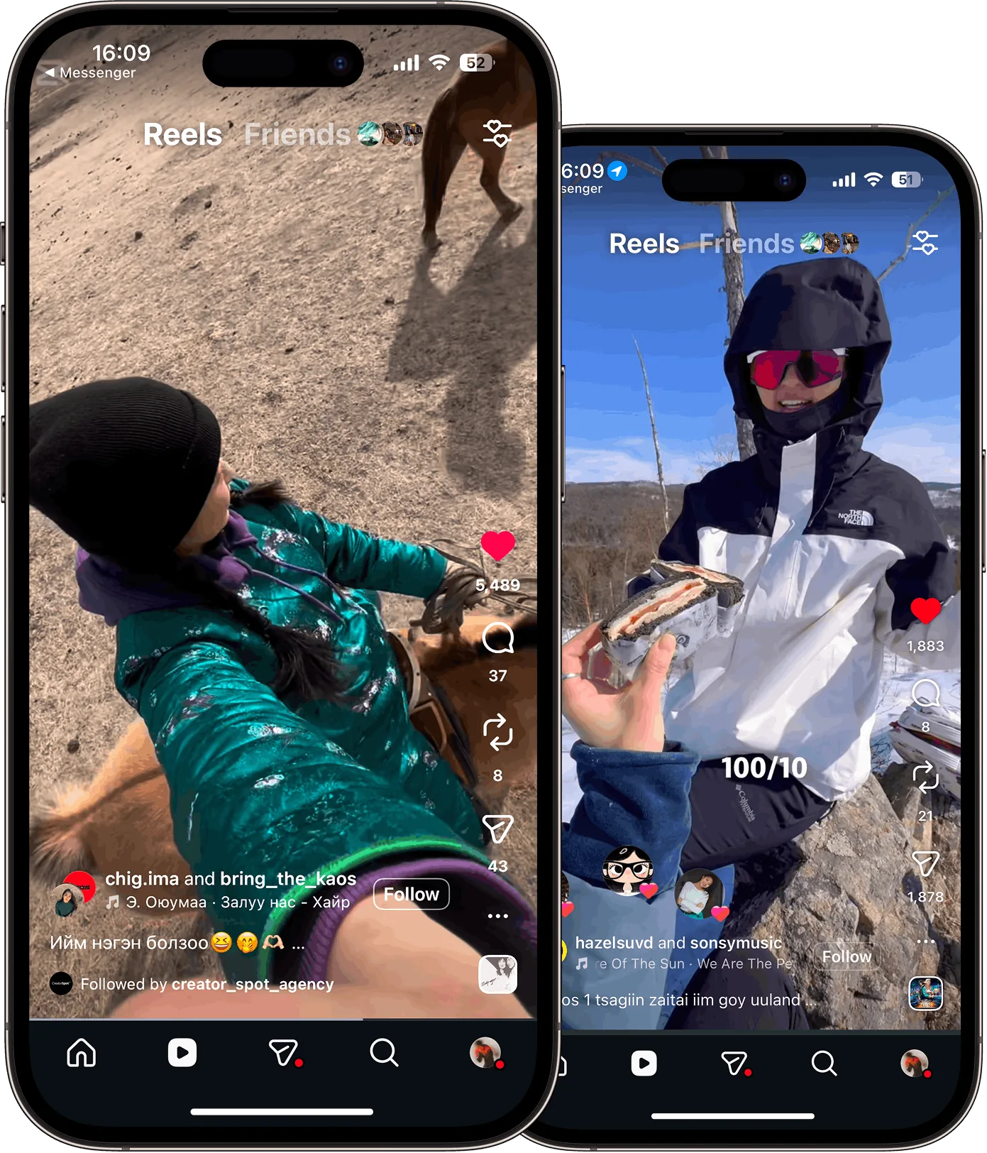 CreatorSpot — two iPhones showing creator Reels content side by side